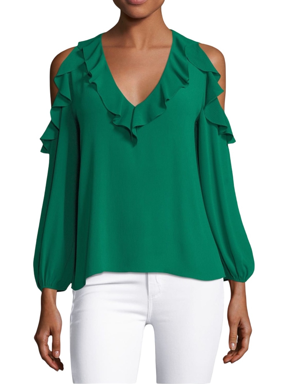 Alice + Olivia Green Gia Ruffled Cold-Shoulder Blouse Size Medium